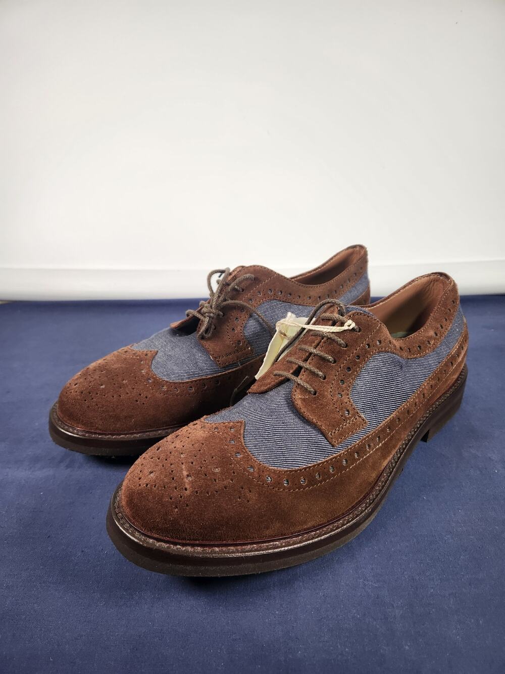 Brunello Cucinelli Wingtip Brogue Men's 44.5 Brown Suede Denim Vibram NWOB